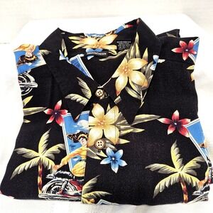 Northcrest Men's L Hawaiian Shirt Black w/ Multi-Color Print 100% Rayon